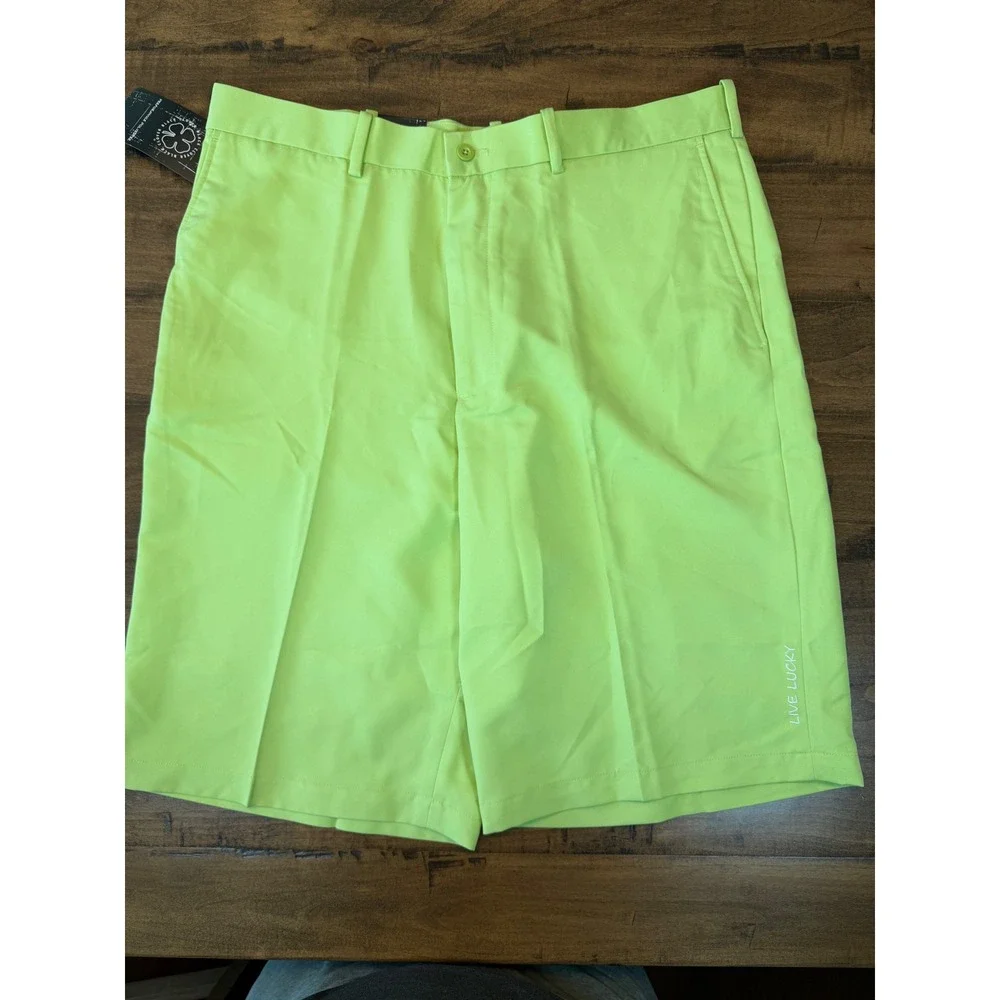 Black Clover Mens Golf Short 38 Lime Green Live Lucky Performance Flat Front NEW